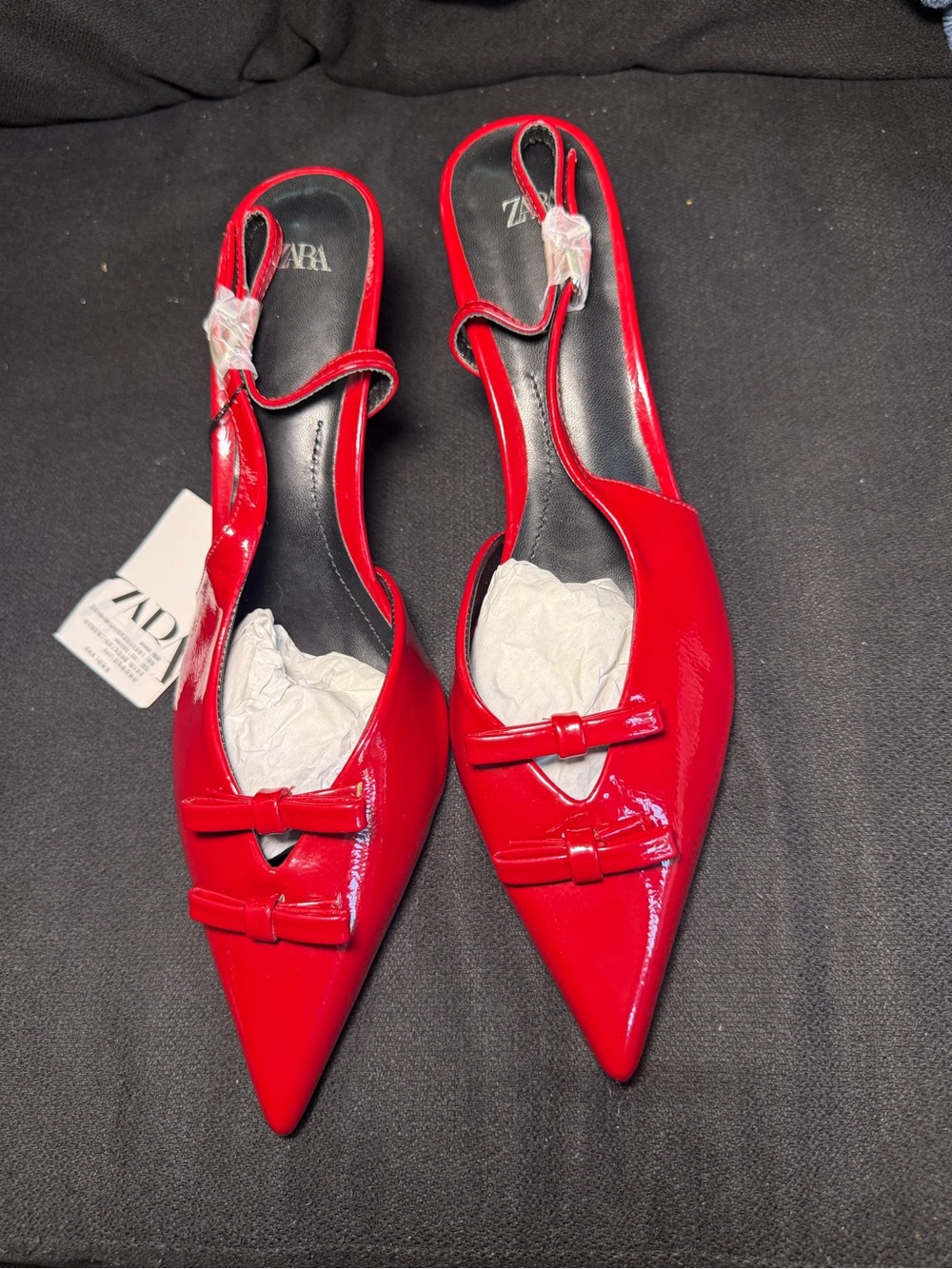 Zara Red Patent Pointed Slingback Flats with Decorative Bows